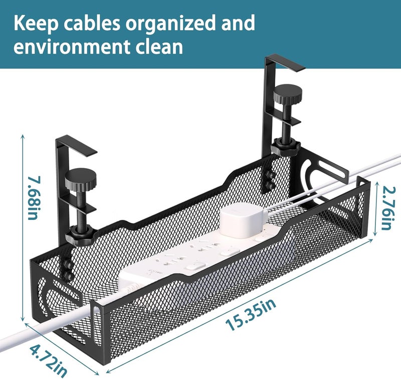 Ucanng Under Desk Cable Management Tray, No Drill Mesh Desk Cable Tray, Wire Management Tray Cable Management Rack, Wire Organizer and Cable Management Box (Black) - Image 2